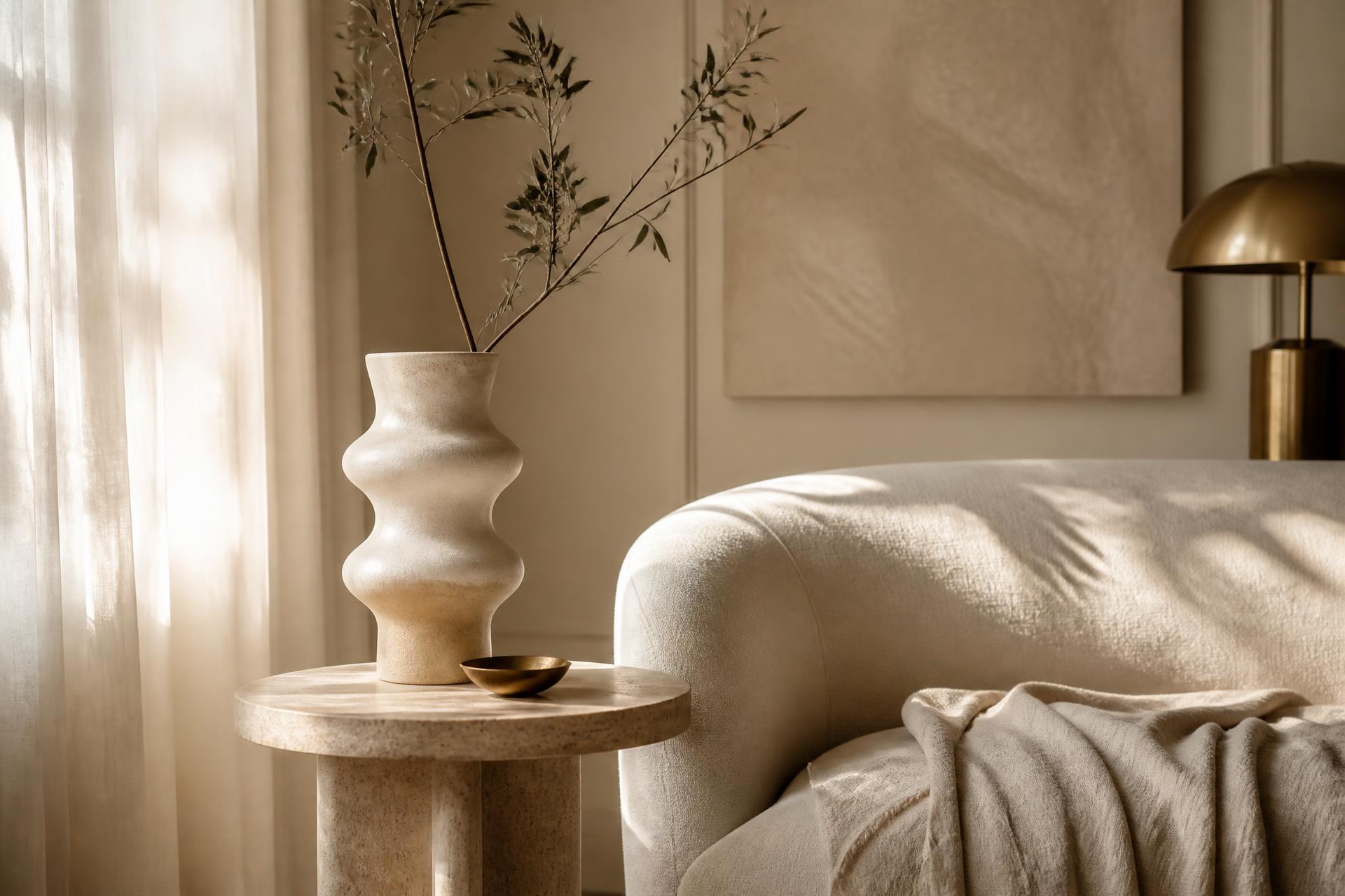 Sunlit interior with a sculptural ceramic vase, travertine table and linen throw